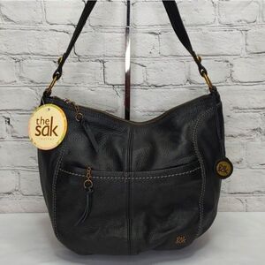'THE SAK' IRIS PEPPLED LEATHER SLOUCHY HOBO SHOULDER BAG DOUBLE~WEBBING BLACK